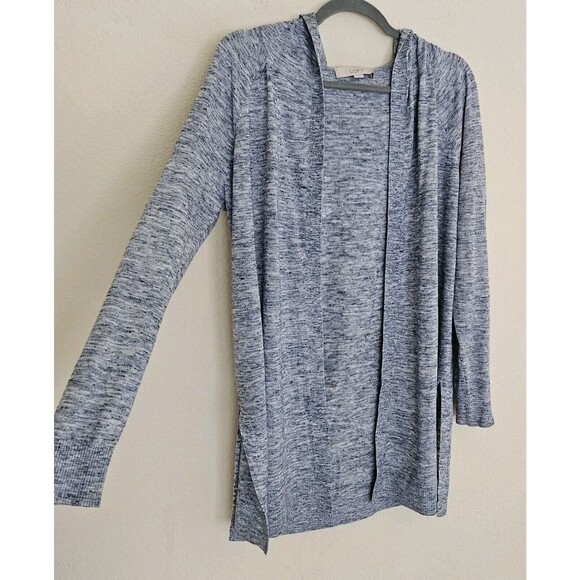 Ann Taylor LOFT Linen Blend Hooded Open Cardigan Long Line Size M Blue Space Dye - Picture 4 of 9